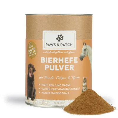 Paws & Patch pivski kvasac u prahu za pse, mačke i konje. Pakiranje bez plastike, prirodan izvor vitamina B, visok udio bjelančevina, podržava kožu, dlaku i crijeva.