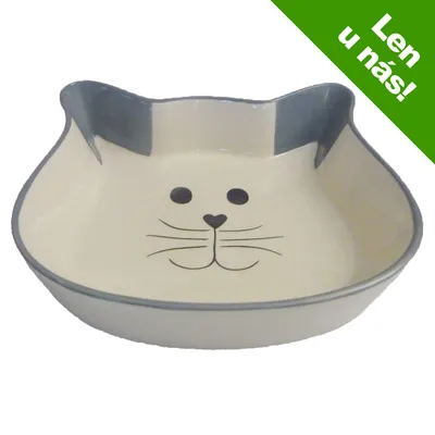 Keramická miska v tvare mačacej hlavy s potlačou mačacej tváre, nápis v rohu: Len u nás! Keramická miska v tvare mačacej hlavy s potlačou mačacej tváre, nápis v rohu: Len u nás!