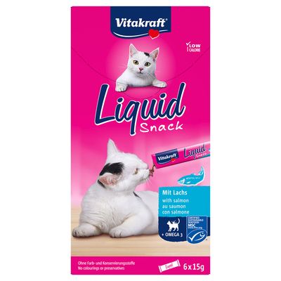 Vitakraft Liquid Snack with salmon, omega-3, no colourings or preservatives, MSC certified. Pack of 6x15g. Low calorie content.