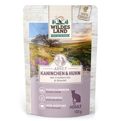 Sparpaket Wildes Land Cat 24 x 100 g - Kaninchen & Huhn mit Distelöl Sparpaket Wildes Land Cat 24 x 100 g - Kaninchen & Huhn mit Distelöl