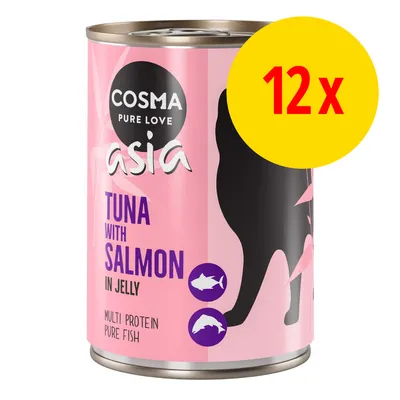 Cosma Pure Love Asia Tuna with Salmon in Jelly, Multi Protein Pure Fish. 12x burkar syns på förpackningen.