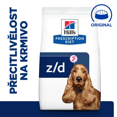 Hill's Prescription Diet z/d, nápis PŘECITLIVĚLOST NA KRMIVO, obrázek psa, symbol ORIGINAL vpravo nahoře