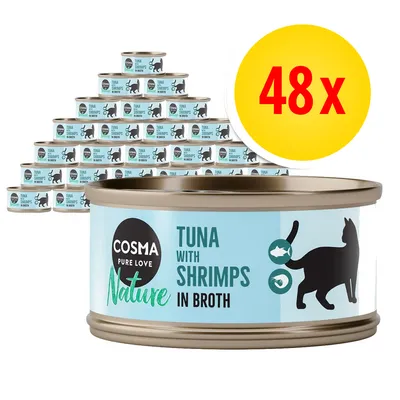 48 lattine Cosma Pure Love Nature, etichetta visibile: Tuna with Shrimps in Broth, immagine di gatto nero su sfondo azzurro.