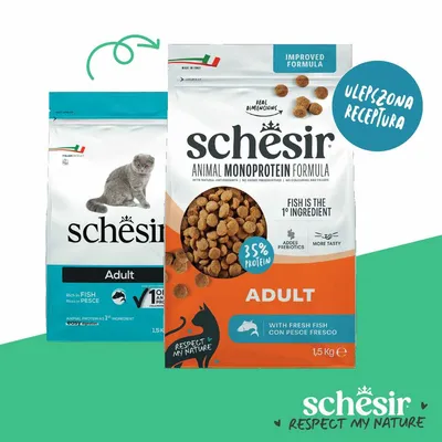 Schesir Animal Monoprotein Formula Adult, 35% białka, ryba jako główny składnik, z świeżą rybą, 1,5 kg, bez dodatków, ulepszona receptura. Schesir Animal Monoprotein Formula Adult, 35% białka, ryba jako główny składnik, z świeżą rybą, 1,5 kg, bez dodatków, ulepszona receptura.