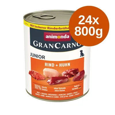 animonda GranCarno Junior Rind + Huhn konzerv, 24×800g, 100% friss összetevők, gabona- és gluténmentes, marha és csirke, Made in Germany felirat látható a csomagoláson