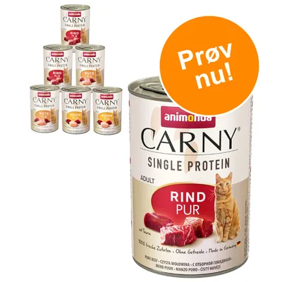 Flere dåser Animonda Carny Single Protein kattemad med synlig tekst: Rind Pur, Pute Pur, Huhn Pur. Stor orange cirkel med teksten 'Prøv nu!'.