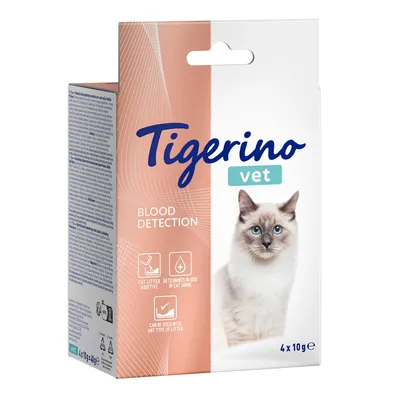 Tigerino Vet Blood Detection, dodatek za mačje stelje za zaznavanje krvi v urinu. Primerno za vse vrste stelje, paket 4x10g.