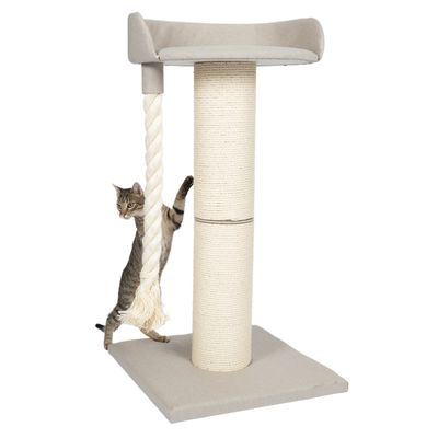 Kratzbaum mit Sisal-Säule, Seilspielzeug und gepolsterter Liegefläche. Katze spielt am Seil.