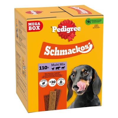 Pedigree Schmackos Mega Box, 110x Multi Mix, bez umelých farbív, pod 30 kcal na maškrtu, Omega 6 a vitamíny, navrhnuté na recykláciu.