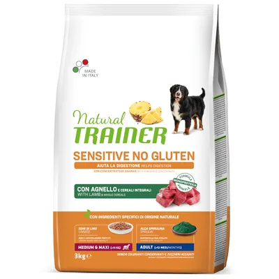Vreća hrane za pse Natural Trainer Sensitive No Gluten, s janjetinom i cjelovitim žitaricama, 3 kg. Istaknuto: bez glutena, pomaže probavi, sastojci prirodnog podrijetla, za odrasle pse srednjih i velikih pasmina.