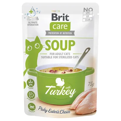 Brit Care Soup with Turkey, 75g, pour chats adultes et stérilisés. Sans OGM, soja ni sucre. Contient catnip, probiotiques, taurine. Texte en anglais sur l'emballage.