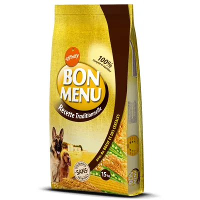 Sac de croquettes pour chien Bon Menu Recette Traditionnelle, 15 kg, avec du bœuf et des céréales, 100 % complet et équilibré, sans colorants artificiels, marque affinity visible.