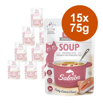 Brit Care Soup s lososem, vhodné pro sterilizované kočky. Velikost balení: 15x75g. Obsahuje catnip, probiotika a taurin. Picky Eater's Choice.