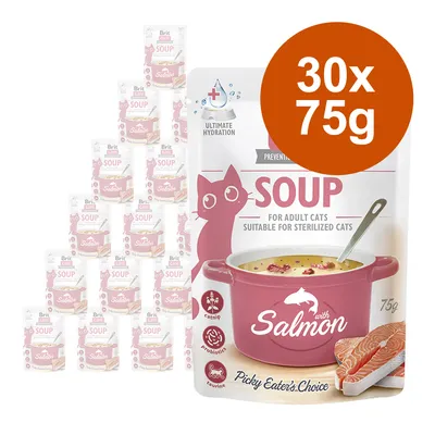 Brit Care Soup s lososem, vhodné pro sterilizované kočky. Velikost balení: 30x75g. Obsahuje catnip, probiotika a taurin. Pro vybíravé jedlíky.