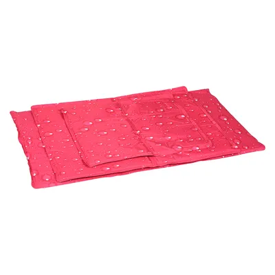Pink rectangular mat with water droplet pattern, fabric material, shown folded and laid flat on white background. No visible brand or text. Pink rectangular mat with water droplet pattern, fabric material, shown folded and laid flat on white background. No visible brand or text.