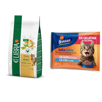 Sac de croquettes pour chaton Libra Affinity, Mediterranean Balance, saveur poulet, 1,5 kg. Texte visible : optimal growth, digestive wellbeing, 38 % protein. Image d’un chaton.