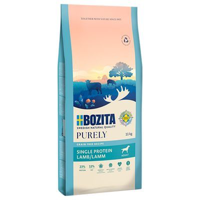 Bozita Purely Single Protein Lamb/Lamm Adult, 11 kg. Grain Free Recipe. 23% eiwit, 12% vet. SWEDISH NATURAL QUALITY zichtbaar op verpakking.