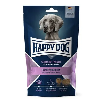 Happy Dog Calm & Relax Functional Snack, met hennep en L-tryptofaan, zachte snacks. Tekst: Für mehr Wohlbefinden, For improved well-being. Afbeelding van hond op de verpakking.