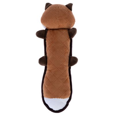 Giocattolo in peluche marrone a forma di animale con motivo trapuntato, orecchie e zampe scure e parte inferiore bianca.