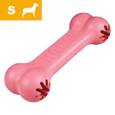 KONG rosa hundben i plast med ingraverad text 'KONG', storlek S visas i övre vänstra hörnet med siluett av hund.
