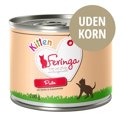 Feringa Kitten Pute, mit Kürbis & Katzenminze, 200 g. Tekst: UDEN KORN. Synlig tekst: Mit viel Liebe wie hausgemacht!