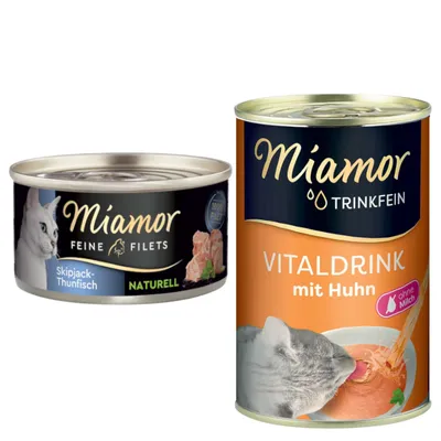 Miamor Kombi-Paket: Feine Filets Naturelle 12 x 80 g + Trinkfein Vitaldrink 6 x 135 ml - Feine Filets Skipjack-Thunfisch + Vitaldrink mit Huhn