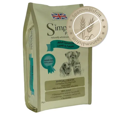 Simpsons Premium Adult Sensitive Lamb & Potato torrfoder för hund, spannmålsfritt, 45 % lamm, hypoallergeniskt. Text: No Grains, No Soya, No Dairy. Vikt: 2 kg.