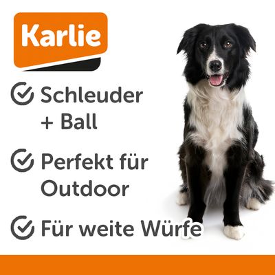 Grauer Ballwerfer mit ergonomischem Griff und gelbem Tennisball mit Aufschrift 'Karlie 38:15'.
