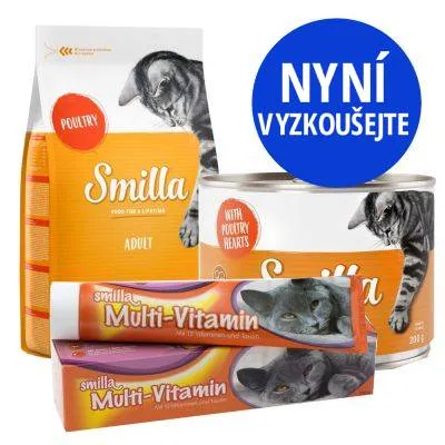 Smilla Adult Poultry, Smilla Multi-Vitamin a konzerva Smilla s nápisem With Poultry Hearts. Modrý kruh s textem NYNÍ VYZKOUŠEJTE.