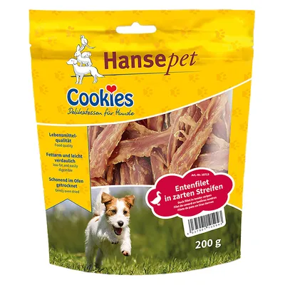 Hansepet Cookies деликатеси за кучета, филе от патица на нежни ленти, с ниско съдържание на мазнини и лесно смилаеми, внимателно изсушени във фурна, опаковка 200g.