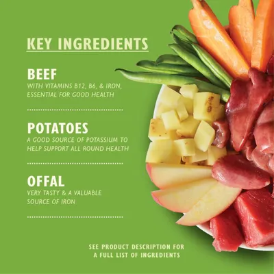 Key ingredients: beef with vitamins B12, B6 and iron; potatoes as a source of potassium; offal as a source of iron. See product description for full ingredient list.