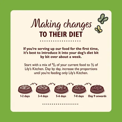 Instructions for changing to new food: gradually mix increasing amounts of Lily’s Kitchen with current food over about a week, starting with one fifth and reaching full amount by day nine.