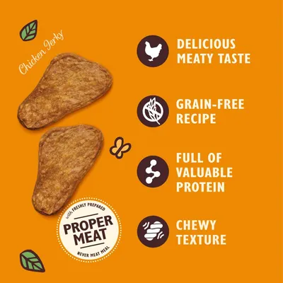 Chicken jerky with freshly prepared proper meat, highlighting delicious meaty taste, grain-free recipe, valuable protein content and chewy texture.