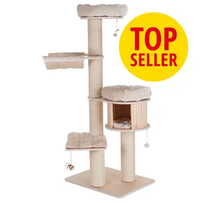 Vaalea raapimispuu, jossa useita tasoja, pehmustettuja makuupaikkoja ja leluja. Keltainen ympyrä, jossa punaisella teksti TOP SELLER. Vaalea raapimispuu, jossa useita tasoja, pehmustettuja makuupaikkoja ja leluja. Keltainen ympyrä, jossa punaisella teksti TOP SELLER.