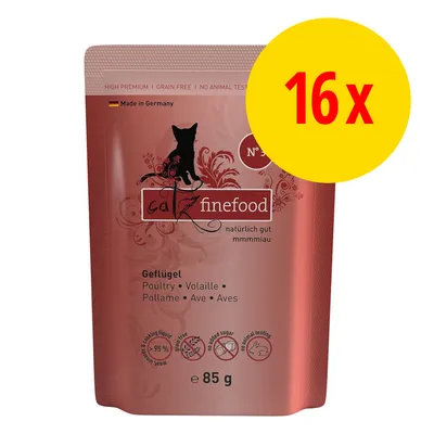 Catz Finefood Nr. 3 Geflügel, 85g, Made in Germany, ohne Getreide, keine Tierversuche, ohne Zuckerzusatz. Packung mit 16 Stück. Catz Finefood Nr. 3 Geflügel, 85g, Made in Germany, ohne Getreide, keine Tierversuche, ohne Zuckerzusatz. Packung mit 16 Stück.