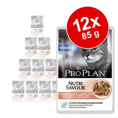 Purina Pro Plan Nutri Savour Housecat -kissanruoka, lohi kastikkeessa, 12 x 85 g annospussit. Pakkauksessa teksti: minimoi karvapallojen muodostumista.