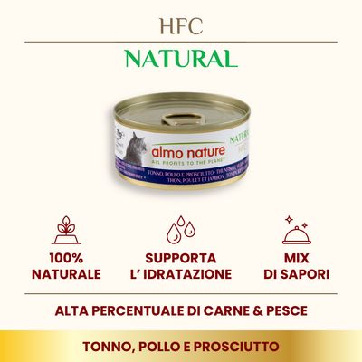Almo Nature HFC Natural, tonno, pollo e prosciutto. 100% naturale, supporta l’idratazione, mix di sapori, alta percentuale di carne e pesce.