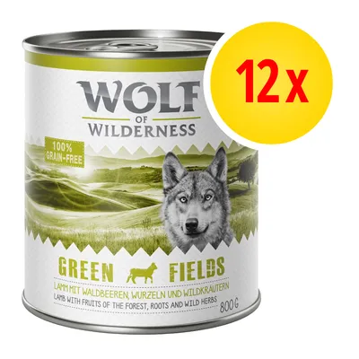 Wolf of Wilderness Green Fields, 100% grain-free, 12 x 800 g. Widoczny napis: Lamb with fruits of the forest, roots and wild herbs.