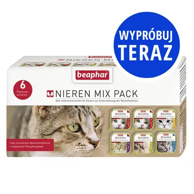 beaphar Nieren Mix Pack, 6 porcje karmy dla kotów. Widoczne opakowania z różnymi smakami. Tekst: „WYPRÓBUJ TERAZ”, „przy przewlekłej niewydolności nerek”, „obniżona zawartość fosforu”.