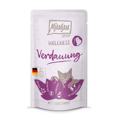 Mjamjam Quetsche Wellness Digestie cu pui. Calitate superioară din producție germană, cu coji de semințe de psyllium, fără adaos de zahăr, ingrediente naturale.