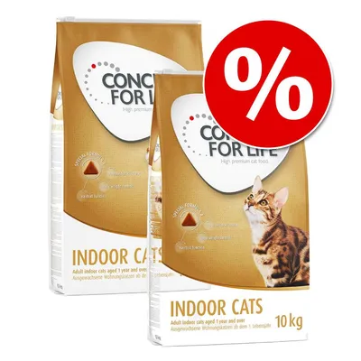 CONCEPT FOR LIFE Indoor Cats macskaeledel, 2 db 10 kg-os csomag, barna-fehér zacskó, cicával és piros százalékos akciójelzéssel