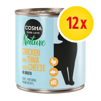 Pack of 12 cans, chicken and tuna with cheese in broth, 100% natural ingredients.