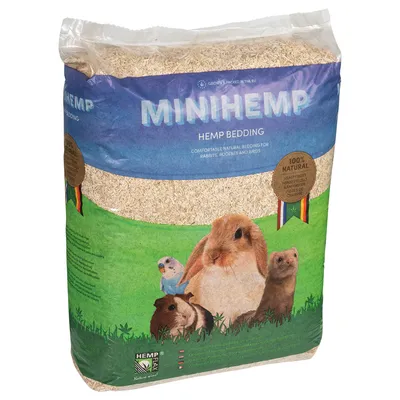 MiniHemp hampströ, naturligt strö för kaniner, gnagare och fåglar. 100 % naturligt, tillverkat i EU. Förpackningen visar kanin, marsvin, iller och fågel.