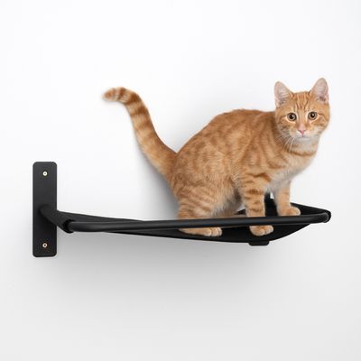 Väggmonterad svart hängmatta med en orange katt på, lämplig som liggyta för husdjur.