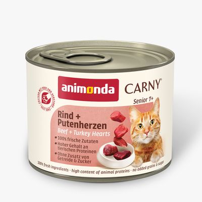 animonda Carny Senior Rind + Huhn mit Käse kissanmärkäruoka, 12 x 200 g. Etiketissä oranssi kissa ja teksti: 100% frische Zutaten – Ohne Getreide – Made in Germany.