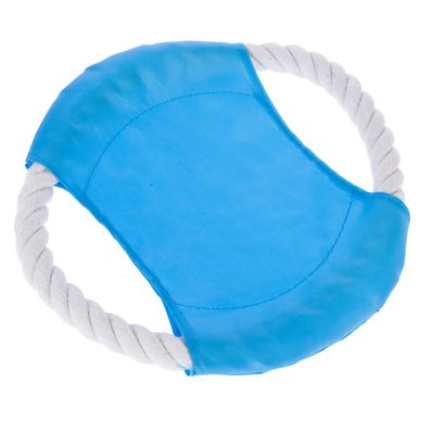 Rond speelgoed van wit touw en blauwe stof, geschikt voor werp- en trekspellen.