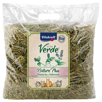 Vitakraft Vita Verde Nature Plus Timothy hay with peppermint, Made in Germany, for rodents. Packaging with transparent bag and product image.