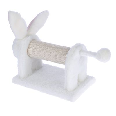 Griffoir pour chat en forme de lapin, base et supports recouverts de tissu blanc, rouleau central en sisal, oreilles et boule décoratives visibles.