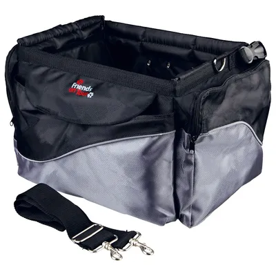 Borsa nera e grigia in tessuto con scritta visibile 'Friends on Tour', tasche laterali e tracolla regolabile con ganci metallici.