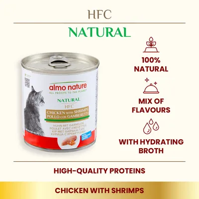 Konzerva almo nature HFC Natural Chicken with Shrimps, 100% natural, mix of flavours, with hydrating broth, high-quality proteins. Text v angličtine.